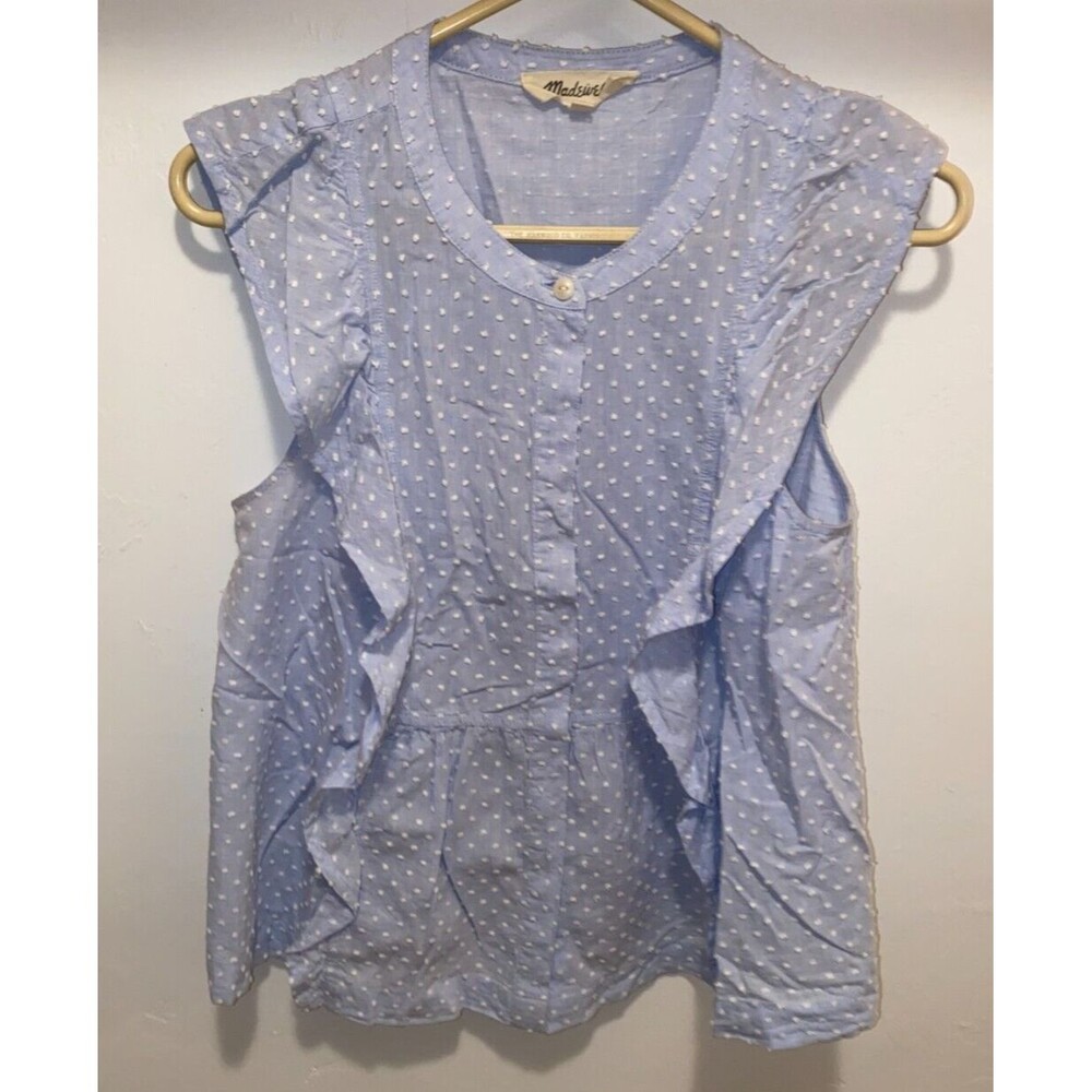 Madewell swiss dotted ruffle top Women's sz S blue white Sleeveless Cotton